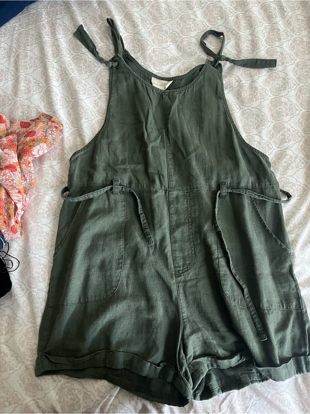 Universal Thread Olive Green Linen-Blend Tank Romper with Tie Straps